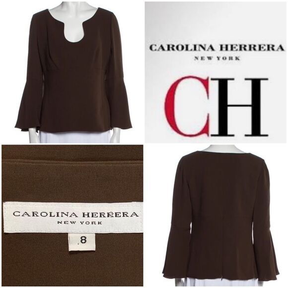 Carolina Herrera Brown Bell Sleeve Silk Scoop Neck Blouse - Picture 1 of 7